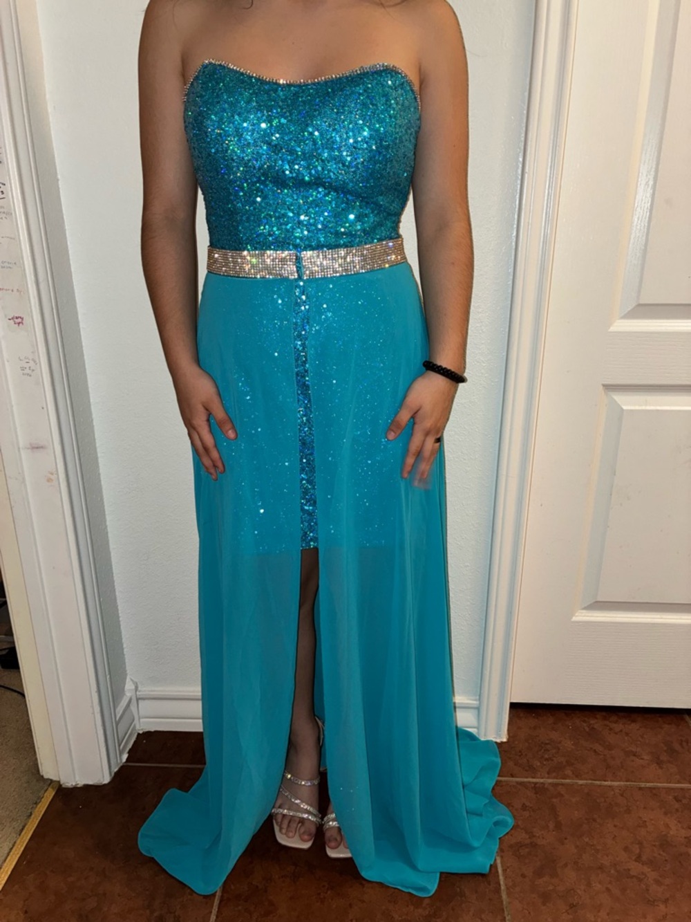 Strapless Sequin & Chiffon Prom Gown in Teal with detachable skirt